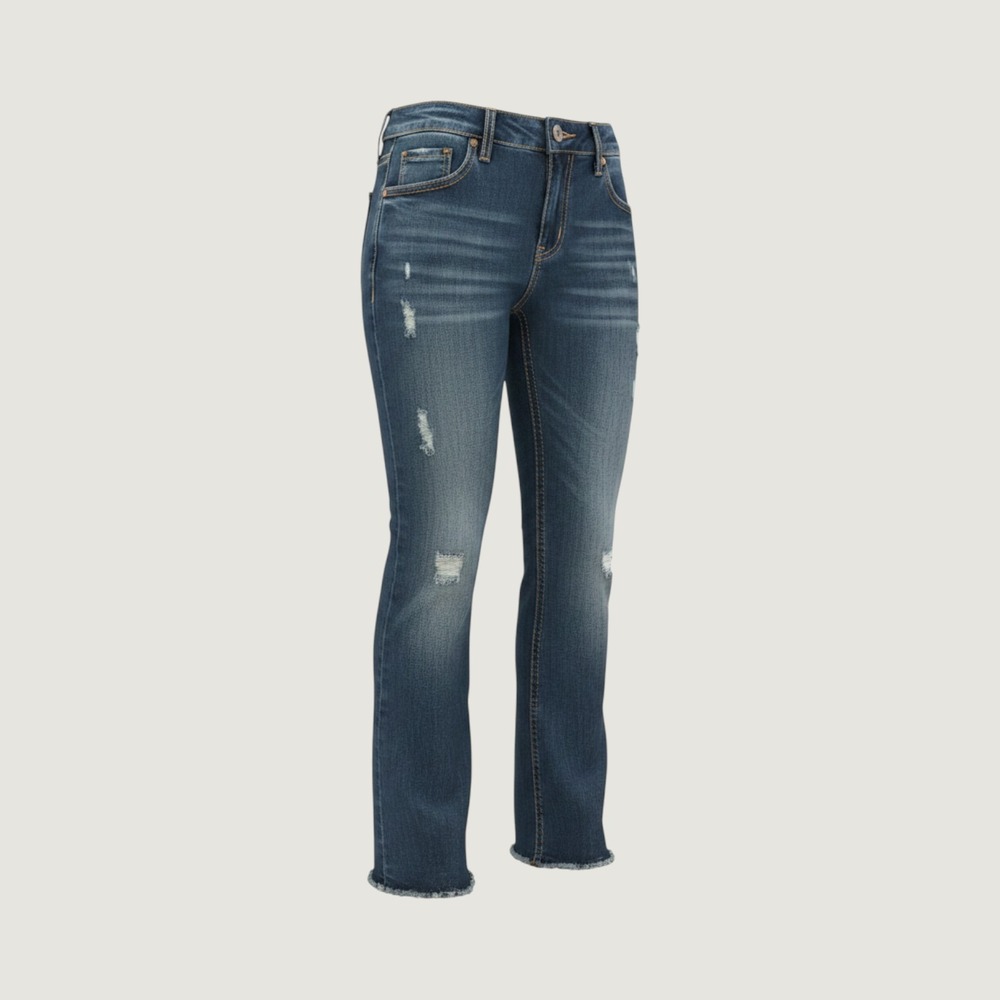 Amethyst Womens Distressed Bootcut Jeans Medium‎ Wash Raw Hem Size 30 Waist
